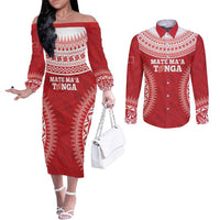 Custom Tonga Mate Maa Couples Matching Off The Shoulder Long Sleeve Dress and Long Sleeve Button Shirt Go Champions Tongan Ngatu - Red LT14 Red - Polynesian Pride