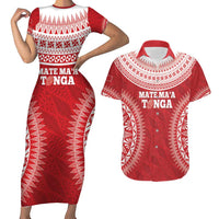 Custom Tonga Mate Maa Couples Matching Short Sleeve Bodycon Dress and Hawaiian Shirt Go Champions Tongan Ngatu - Red LT14 Red - Polynesian Pride
