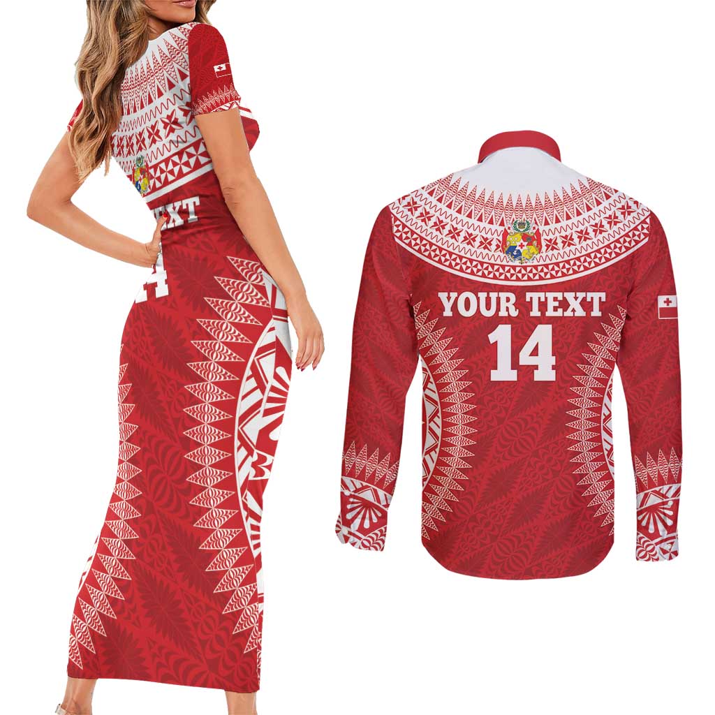 Custom Tonga Mate Maa Couples Matching Short Sleeve Bodycon Dress and Long Sleeve Button Shirt Go Champions Tongan Ngatu - Red LT14 - Polynesian Pride