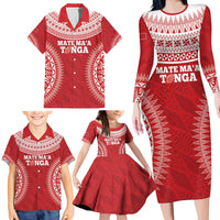 Custom Tonga Mate Maa Family Matching Long Sleeve Bodycon Dress and Hawaiian Shirt Go Champions Tongan Ngatu - Red LT14 - Polynesian Pride