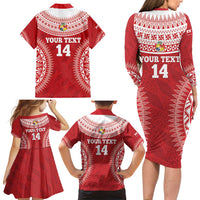 Custom Tonga Mate Maa Family Matching Long Sleeve Bodycon Dress and Hawaiian Shirt Go Champions Tongan Ngatu - Red LT14 - Polynesian Pride