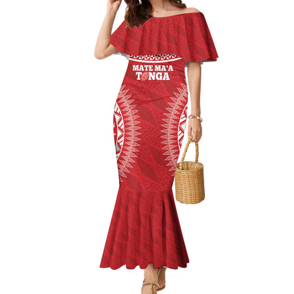 Custom Tonga Mate Maa Family Matching Mermaid Dress and Hawaiian Shirt Go Champions Tongan Ngatu - Red LT14 Mom's Dress Red - Polynesian Pride