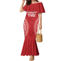 Custom Tonga Mate Maa Family Matching Mermaid Dress and Hawaiian Shirt Go Champions Tongan Ngatu - Red LT14 Mom's Dress Red - Polynesian Pride