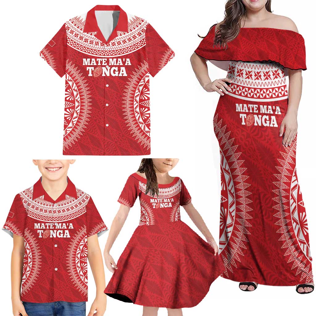 Custom Tonga Mate Maa Family Matching Off Shoulder Maxi Dress and Hawaiian Shirt Go Champions Tongan Ngatu - Red LT14 - Polynesian Pride