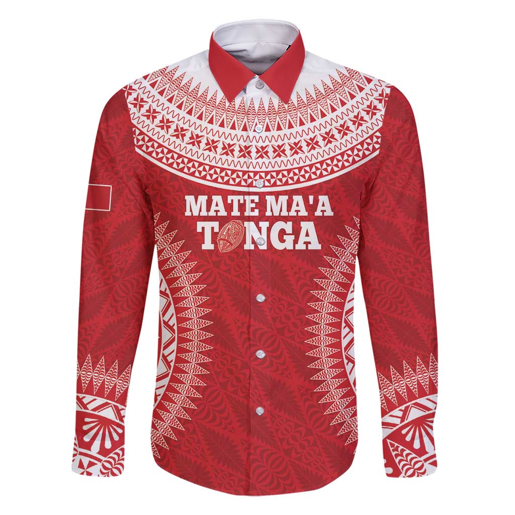 Custom Tonga Mate Maa Family Matching Off Shoulder Maxi Dress and Hawaiian Shirt Go Champions Tongan Ngatu - Red LT14 Dad's Shirt - Long Sleeve Red - Polynesian Pride