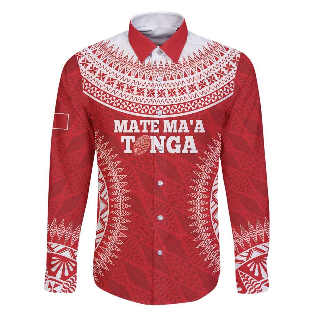 Custom Tonga Mate Maa Family Matching Puletasi and Hawaiian Shirt Go Champions Tongan Ngatu - Red LT14 Dad's Shirt - Long Sleeve Red - Polynesian Pride