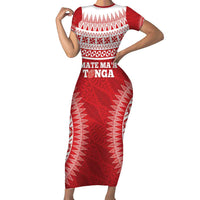 Custom Tonga Mate Maa Family Matching Short Sleeve Bodycon Dress and Hawaiian Shirt Go Champions Tongan Ngatu - Red LT14 Mom's Dress Red - Polynesian Pride