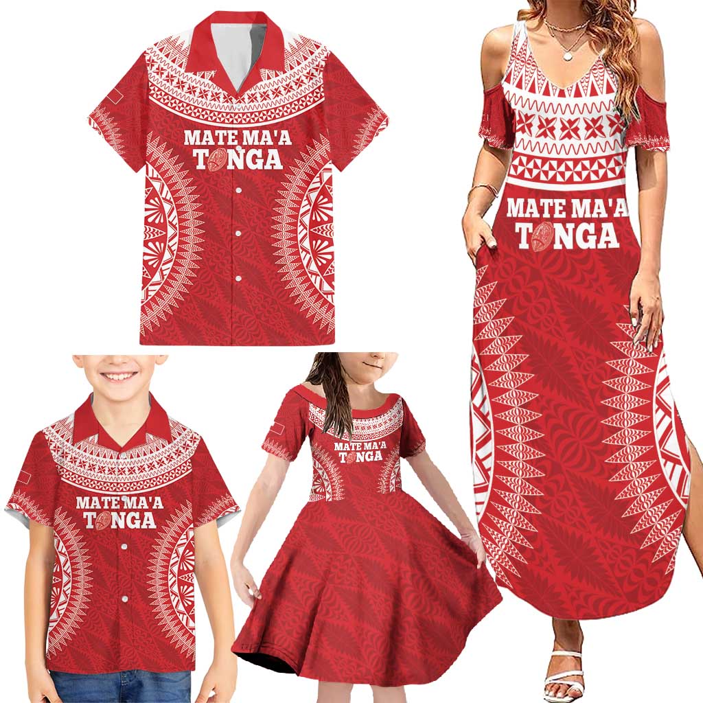 Custom Tonga Mate Maa Family Matching Summer Maxi Dress and Hawaiian Shirt Go Champions Tongan Ngatu - Red LT14 - Polynesian Pride