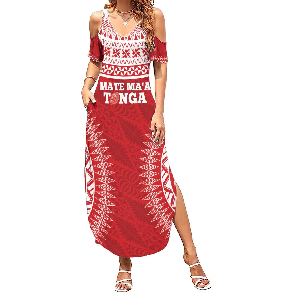 Custom Tonga Mate Maa Family Matching Summer Maxi Dress and Hawaiian Shirt Go Champions Tongan Ngatu - Red LT14 Mom's Dress Red - Polynesian Pride