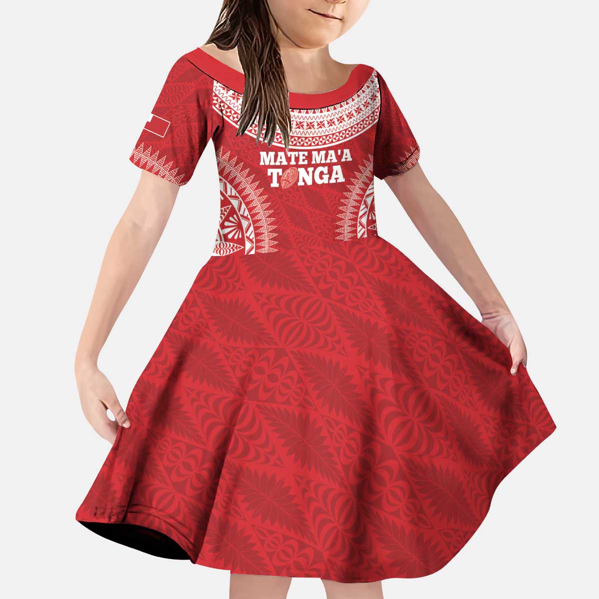 Custom Tonga Mate Maa Kid Short Sleeve Dress Go Champions Tongan Ngatu - Red