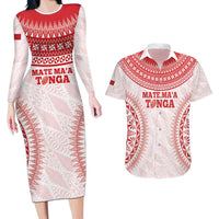 Custom Tonga Mate Maa Couples Matching Long Sleeve Bodycon Dress and Hawaiian Shirt Go Champions Tongan Ngatu - White LT14 White - Polynesian Pride