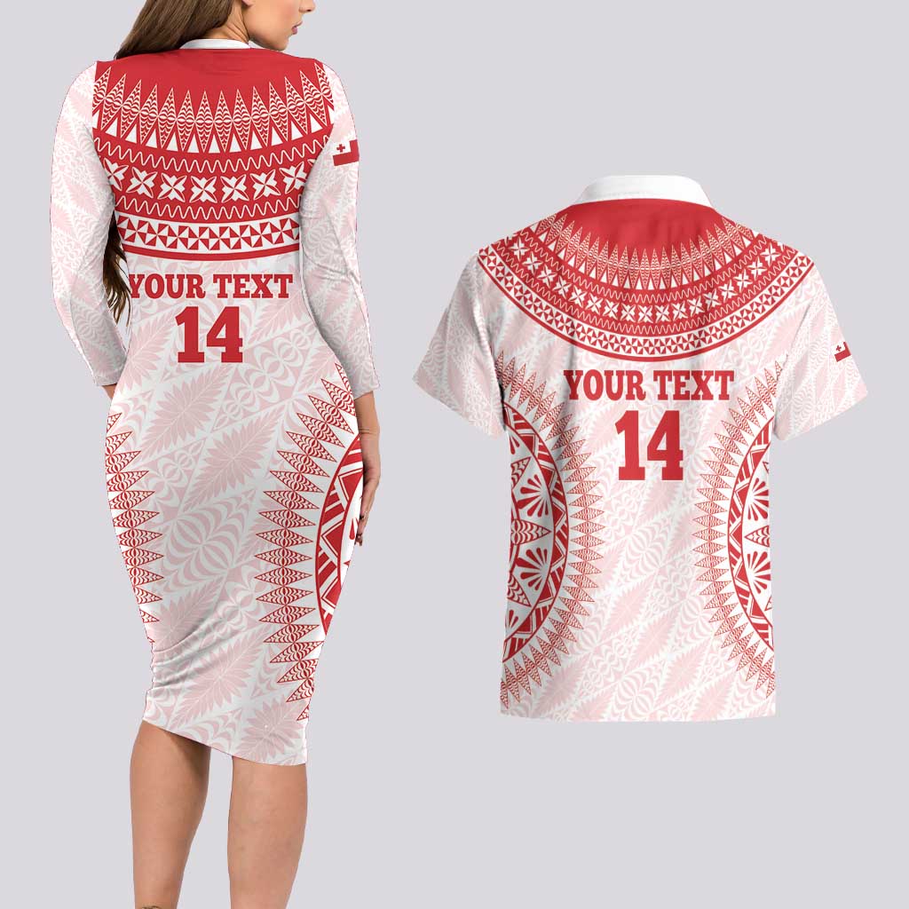 Custom Tonga Mate Maa Couples Matching Long Sleeve Bodycon Dress and Hawaiian Shirt Go Champions Tongan Ngatu - White LT14 - Polynesian Pride