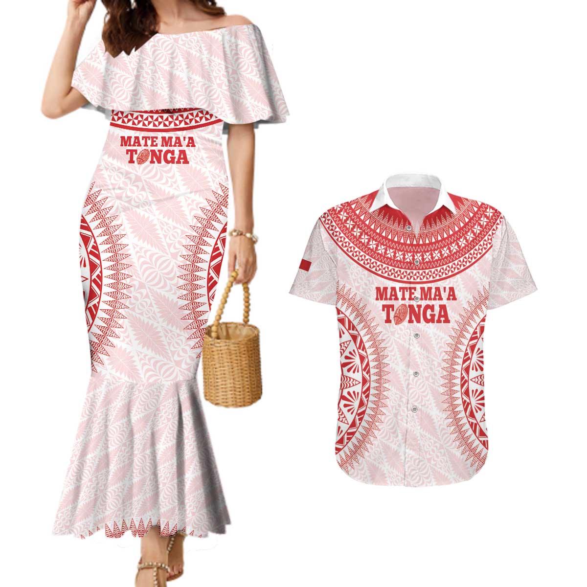 Custom Tonga Mate Maa Couples Matching Mermaid Dress and Hawaiian Shirt Go Champions Tongan Ngatu - White LT14 White - Polynesian Pride