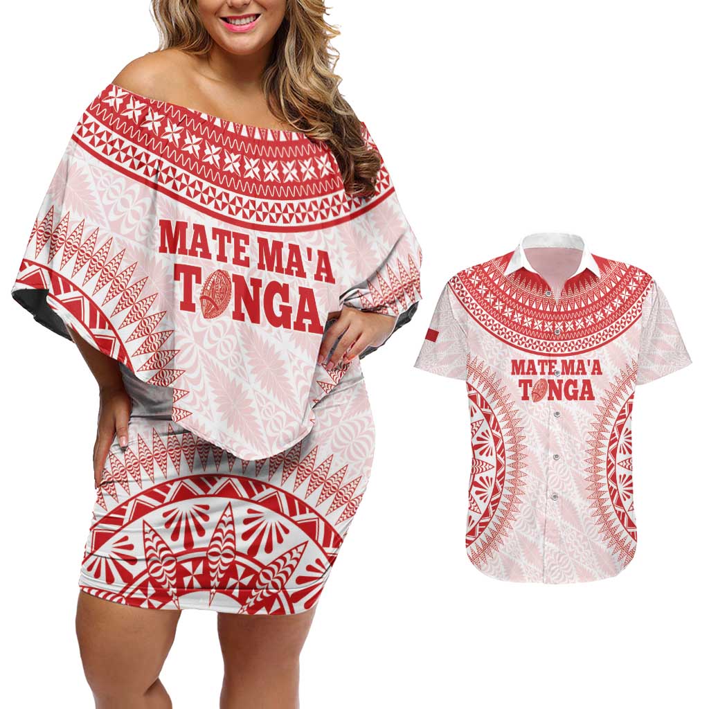 Custom Tonga Mate Maa Couples Matching Off Shoulder Short Dress and Hawaiian Shirt Go Champions Tongan Ngatu - White LT14 White - Polynesian Pride