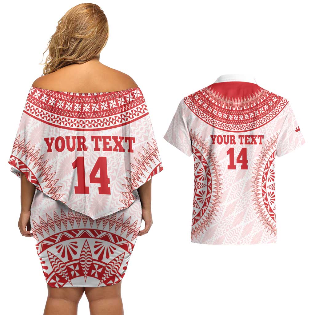 Custom Tonga Mate Maa Couples Matching Off Shoulder Short Dress and Hawaiian Shirt Go Champions Tongan Ngatu - White LT14 - Polynesian Pride