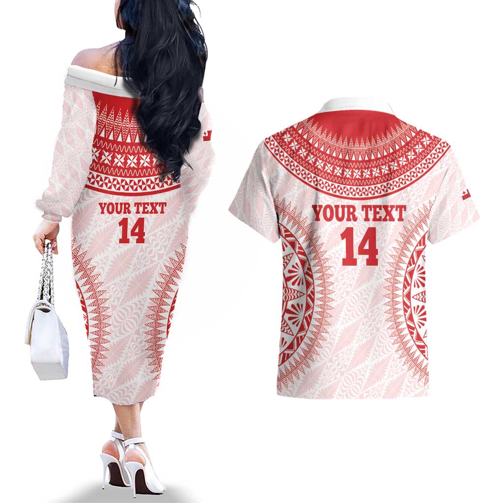 Custom Tonga Mate Maa Couples Matching Off The Shoulder Long Sleeve Dress and Hawaiian Shirt Go Champions Tongan Ngatu - White LT14 - Polynesian Pride