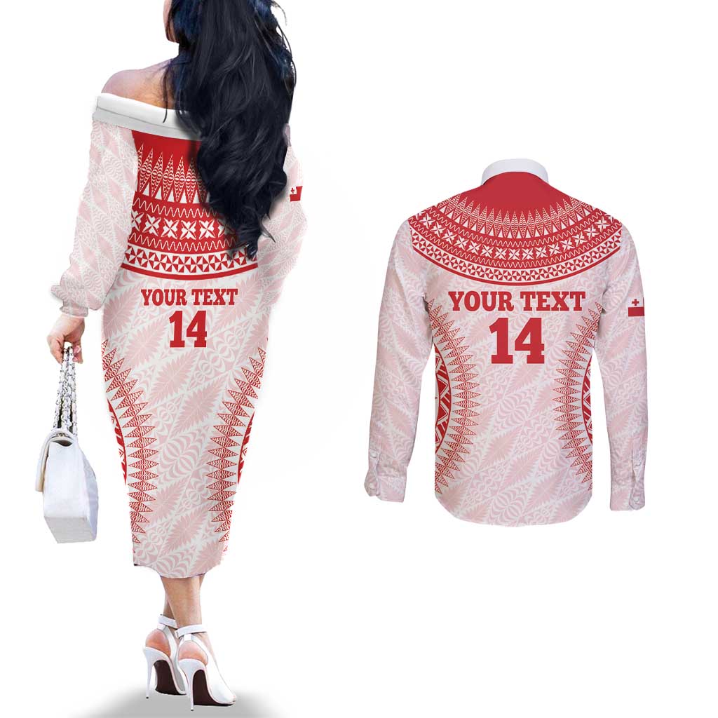 Custom Tonga Mate Maa Couples Matching Off The Shoulder Long Sleeve Dress and Long Sleeve Button Shirt Go Champions Tongan Ngatu - White LT14 - Polynesian Pride