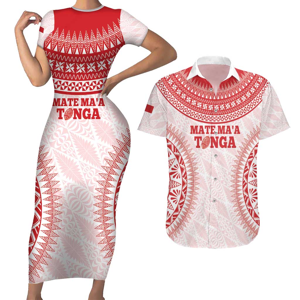 Custom Tonga Mate Maa Couples Matching Short Sleeve Bodycon Dress and Hawaiian Shirt Go Champions Tongan Ngatu - White LT14 White - Polynesian Pride