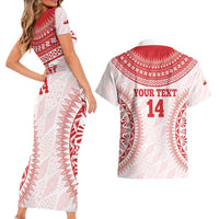 Custom Tonga Mate Maa Couples Matching Short Sleeve Bodycon Dress and Hawaiian Shirt Go Champions Tongan Ngatu - White LT14 - Polynesian Pride