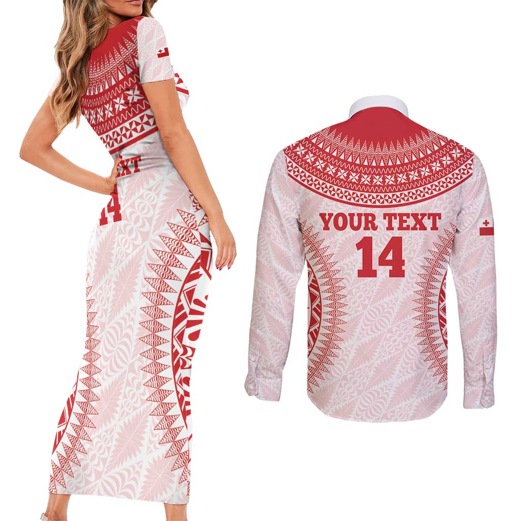 Custom Tonga Mate Maa Couples Matching Short Sleeve Bodycon Dress and Long Sleeve Button Shirt Go Champions Tongan Ngatu - White LT14 - Polynesian Pride