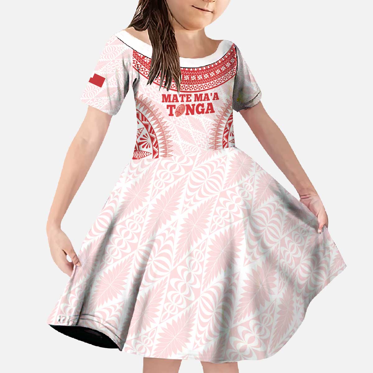 Custom Tonga Mate Maa Family Matching Off The Shoulder Long Sleeve Dress and Hawaiian Shirt Go Champions Tongan Ngatu - White LT14 Daughter's Dress White - Polynesian Pride