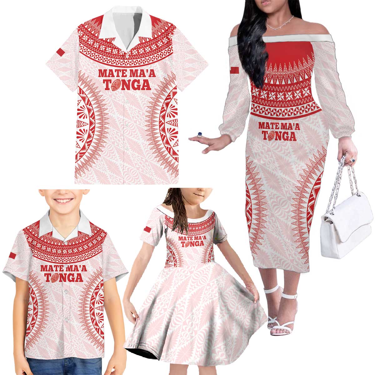 Custom Tonga Mate Maa Family Matching Off The Shoulder Long Sleeve Dress and Hawaiian Shirt Go Champions Tongan Ngatu - White LT14 - Polynesian Pride