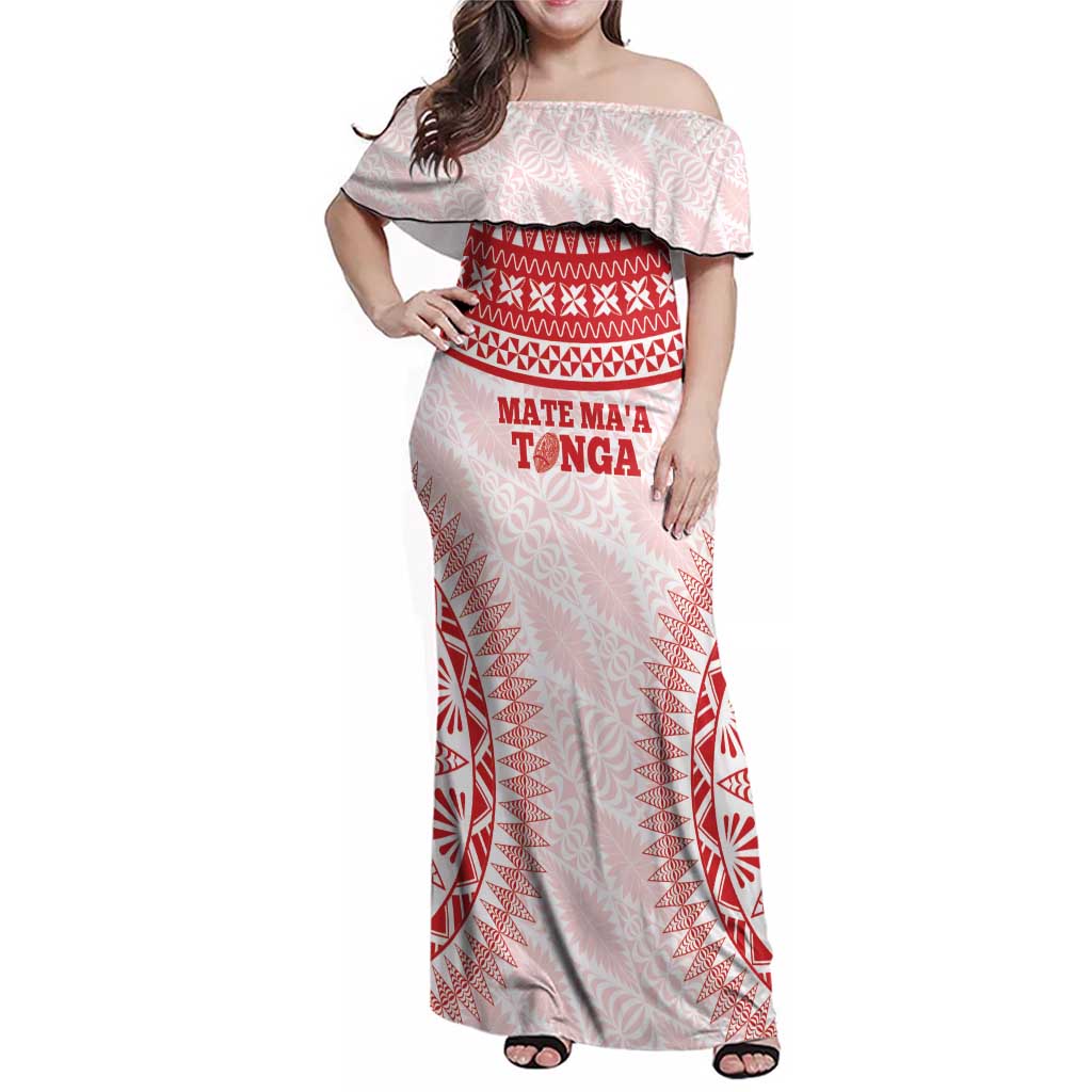 Custom Tonga Mate Maa Family Matching Off Shoulder Maxi Dress and Hawaiian Shirt Go Champions Tongan Ngatu - White LT14 Mom's Dress White - Polynesian Pride