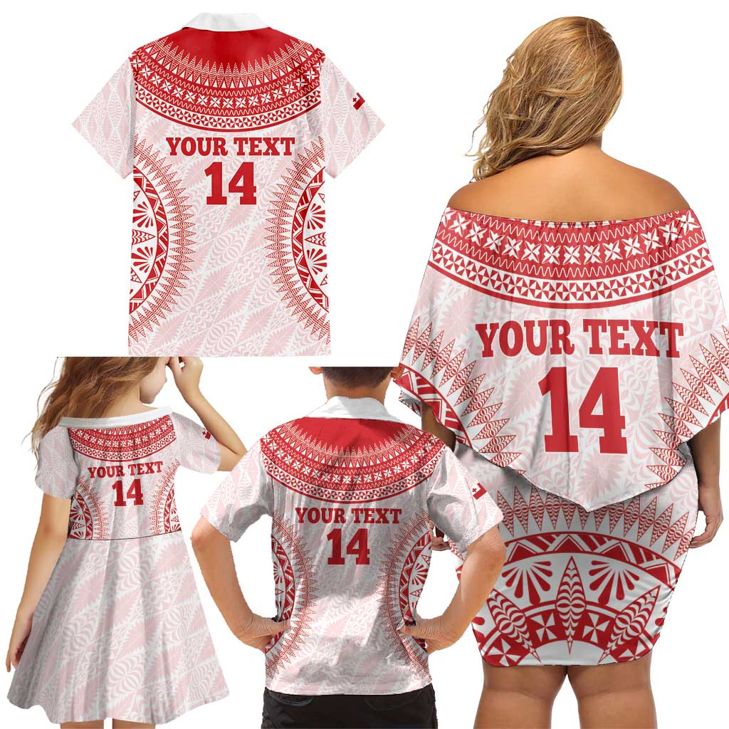 Custom Tonga Mate Maa Family Matching Off Shoulder Short Dress and Hawaiian Shirt Go Champions Tongan Ngatu - White LT14 - Polynesian Pride