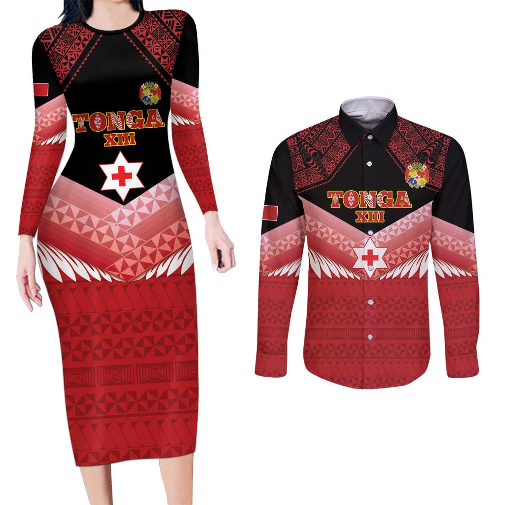Custom Mate Maa Tonga XIII Couples Matching Long Sleeve Bodycon Dress and Long Sleeve Button Shirt Tongan Kupesi Ngatu - Rugby Style LT14 Red - Polynesian Pride