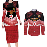 Custom Mate Maa Tonga XIII Couples Matching Long Sleeve Bodycon Dress and Long Sleeve Button Shirt Tongan Kupesi Ngatu - Rugby Style LT14 Red - Polynesian Pride
