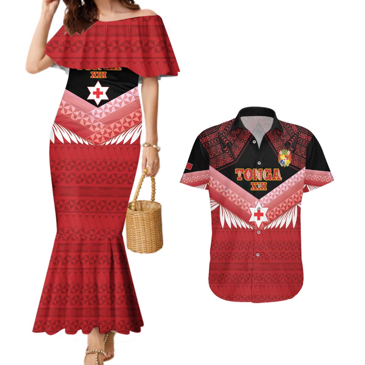 Custom Mate Maa Tonga XIII Couples Matching Mermaid Dress and Hawaiian Shirt Tongan Kupesi Ngatu - Rugby Style LT14 Red - Polynesian Pride