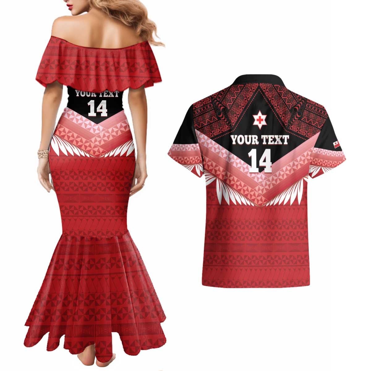 Custom Mate Maa Tonga XIII Couples Matching Mermaid Dress and Hawaiian Shirt Tongan Kupesi Ngatu - Rugby Style LT14 - Polynesian Pride