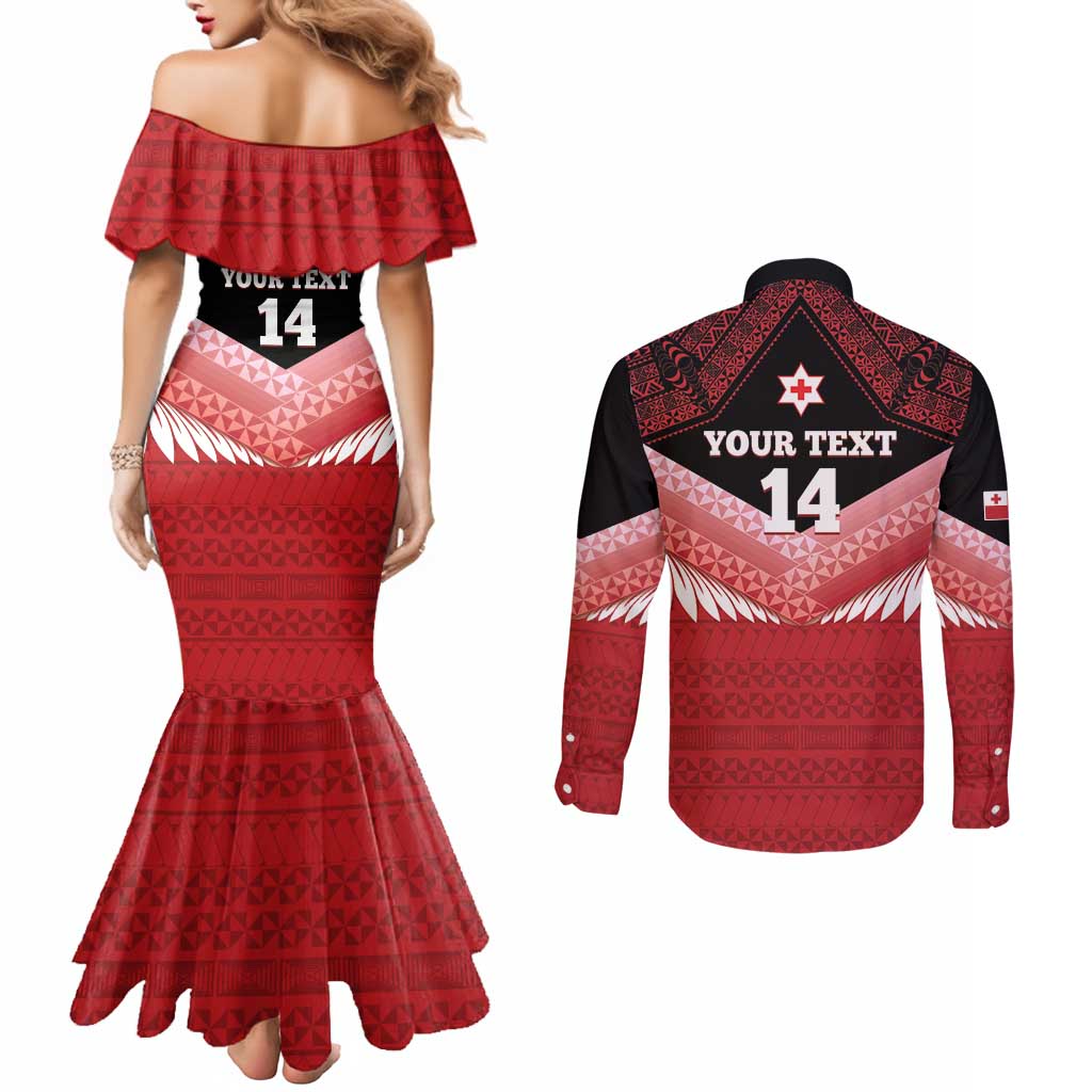Custom Mate Maa Tonga XIII Couples Matching Mermaid Dress and Long Sleeve Button Shirt Tongan Kupesi Ngatu - Rugby Style LT14 - Polynesian Pride