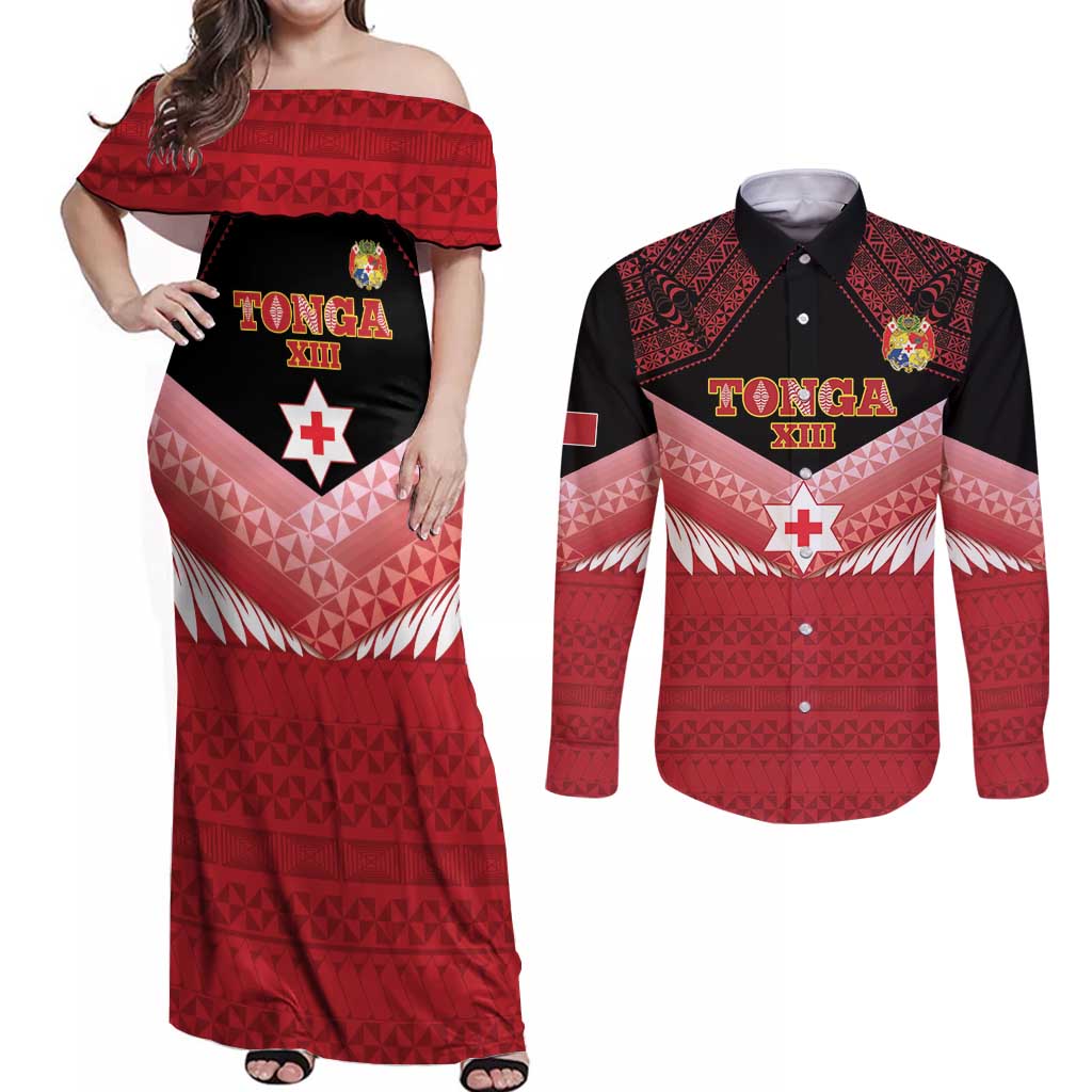 Custom Mate Maa Tonga XIII Couples Matching Off Shoulder Maxi Dress and Long Sleeve Button Shirt Tongan Kupesi Ngatu - Rugby Style LT14 Red - Polynesian Pride