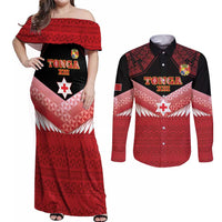 Custom Mate Maa Tonga XIII Couples Matching Off Shoulder Maxi Dress and Long Sleeve Button Shirt Tongan Kupesi Ngatu - Rugby Style LT14 Red - Polynesian Pride
