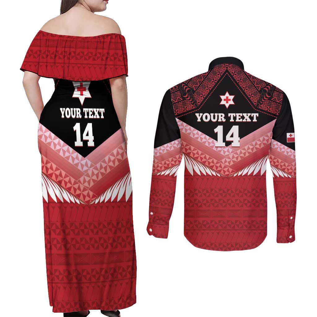 Custom Mate Maa Tonga XIII Couples Matching Off Shoulder Maxi Dress and Long Sleeve Button Shirt Tongan Kupesi Ngatu - Rugby Style LT14 - Polynesian Pride