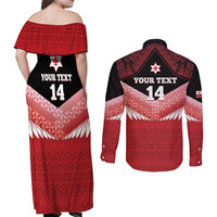 Custom Mate Maa Tonga XIII Couples Matching Off Shoulder Maxi Dress and Long Sleeve Button Shirt Tongan Kupesi Ngatu - Rugby Style LT14 - Polynesian Pride