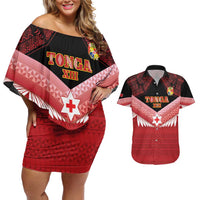 Custom Mate Maa Tonga XIII Couples Matching Off Shoulder Short Dress and Hawaiian Shirt Tongan Kupesi Ngatu - Rugby Style LT14 Red - Polynesian Pride