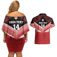 Custom Mate Maa Tonga XIII Couples Matching Off Shoulder Short Dress and Hawaiian Shirt Tongan Kupesi Ngatu - Rugby Style LT14 - Polynesian Pride