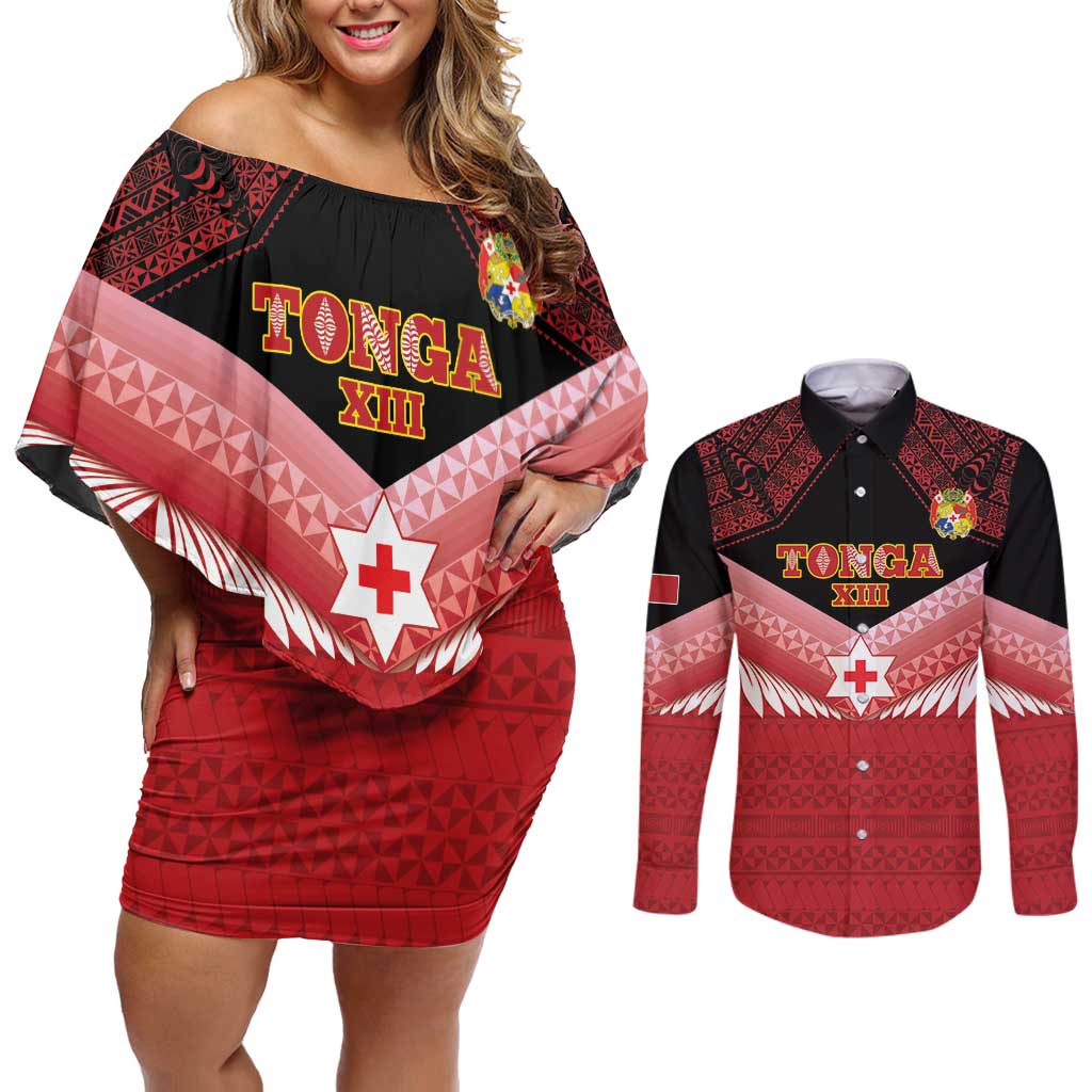 Custom Mate Maa Tonga XIII Couples Matching Off Shoulder Short Dress and Long Sleeve Button Shirt Tongan Kupesi Ngatu - Rugby Style LT14 Red - Polynesian Pride