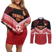 Custom Mate Maa Tonga XIII Couples Matching Off Shoulder Short Dress and Long Sleeve Button Shirt Tongan Kupesi Ngatu - Rugby Style LT14 Red - Polynesian Pride