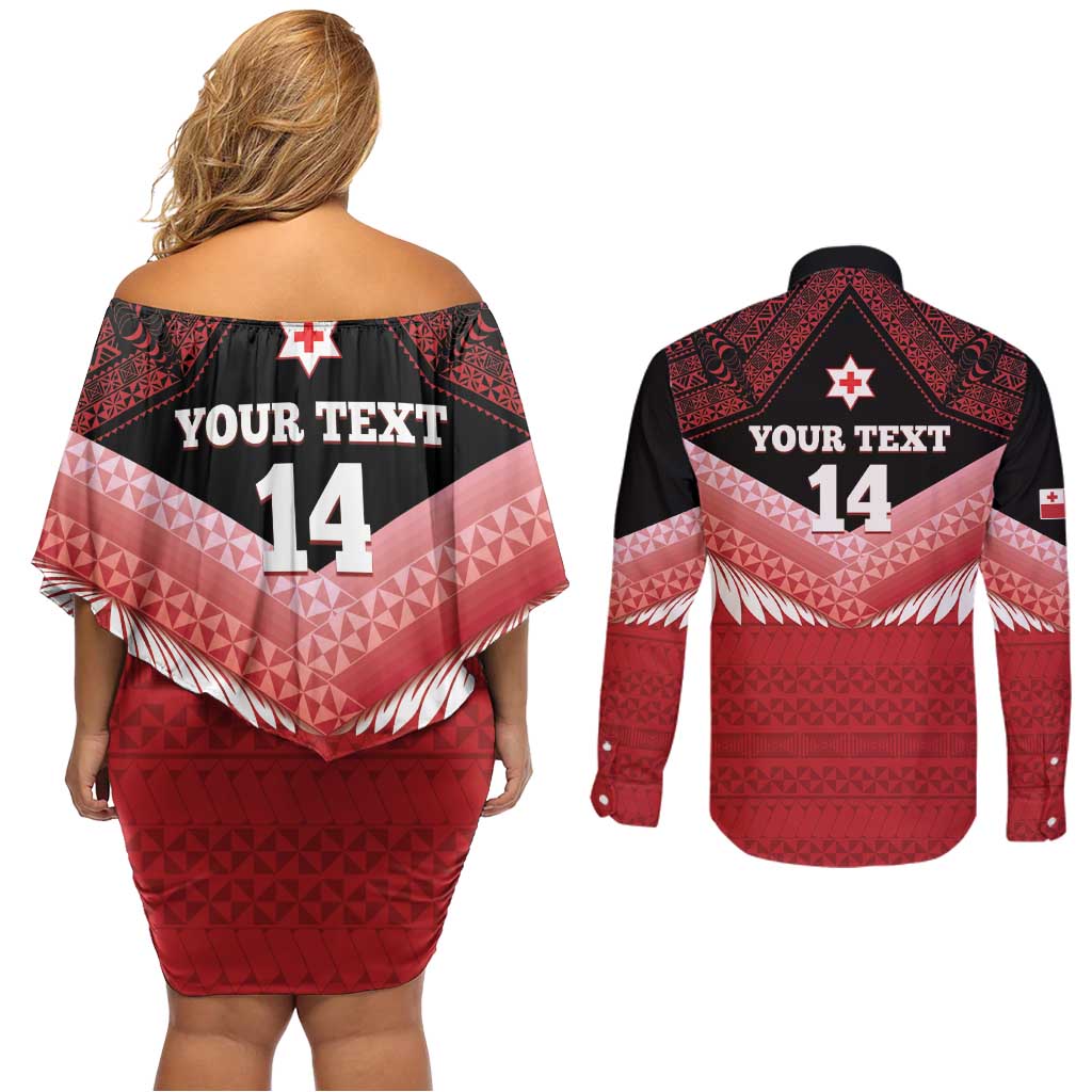 Custom Mate Maa Tonga XIII Couples Matching Off Shoulder Short Dress and Long Sleeve Button Shirt Tongan Kupesi Ngatu - Rugby Style LT14 - Polynesian Pride