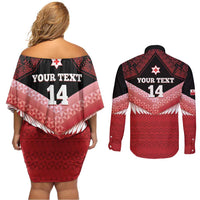 Custom Mate Maa Tonga XIII Couples Matching Off Shoulder Short Dress and Long Sleeve Button Shirt Tongan Kupesi Ngatu - Rugby Style LT14 - Polynesian Pride