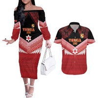 Custom Mate Maa Tonga XIII Couples Matching Off The Shoulder Long Sleeve Dress and Hawaiian Shirt Tongan Kupesi Ngatu - Rugby Style LT14 Red - Polynesian Pride