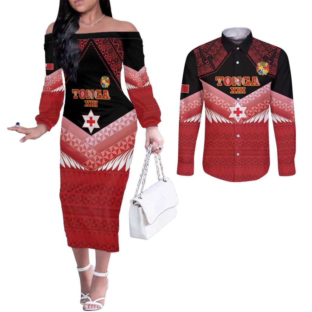 Custom Mate Maa Tonga XIII Couples Matching Off The Shoulder Long Sleeve Dress and Long Sleeve Button Shirt Tongan Kupesi Ngatu - Rugby Style LT14 Red - Polynesian Pride