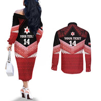 Custom Mate Maa Tonga XIII Couples Matching Off The Shoulder Long Sleeve Dress and Long Sleeve Button Shirt Tongan Kupesi Ngatu - Rugby Style LT14 - Polynesian Pride