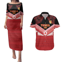 Custom Mate Maa Tonga XIII Couples Matching Puletasi and Hawaiian Shirt Tongan Kupesi Ngatu - Rugby Style LT14 Red - Polynesian Pride