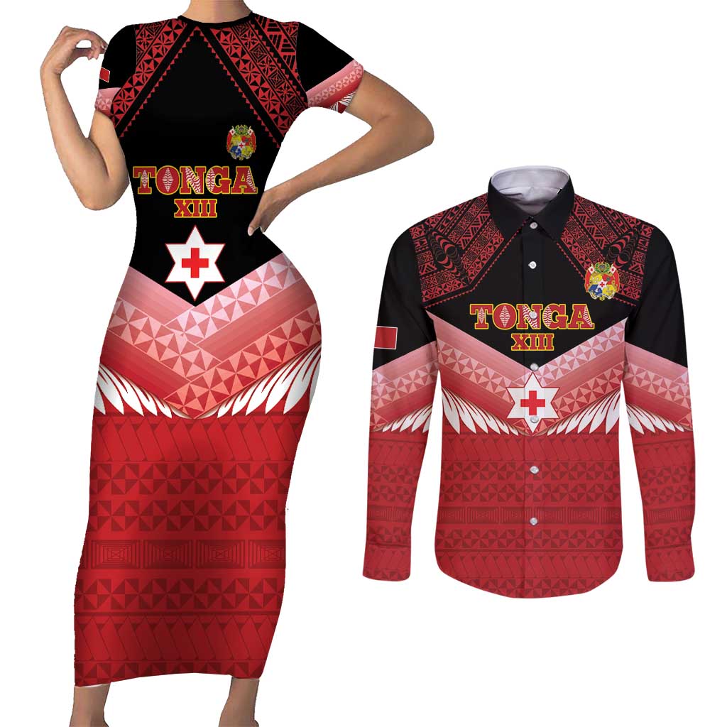 Custom Mate Maa Tonga XIII Couples Matching Short Sleeve Bodycon Dress and Long Sleeve Button Shirt Tongan Kupesi Ngatu - Rugby Style LT14 Red - Polynesian Pride