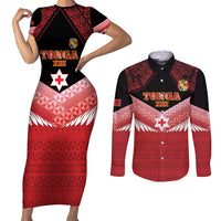 Custom Mate Maa Tonga XIII Couples Matching Short Sleeve Bodycon Dress and Long Sleeve Button Shirt Tongan Kupesi Ngatu - Rugby Style LT14 Red - Polynesian Pride