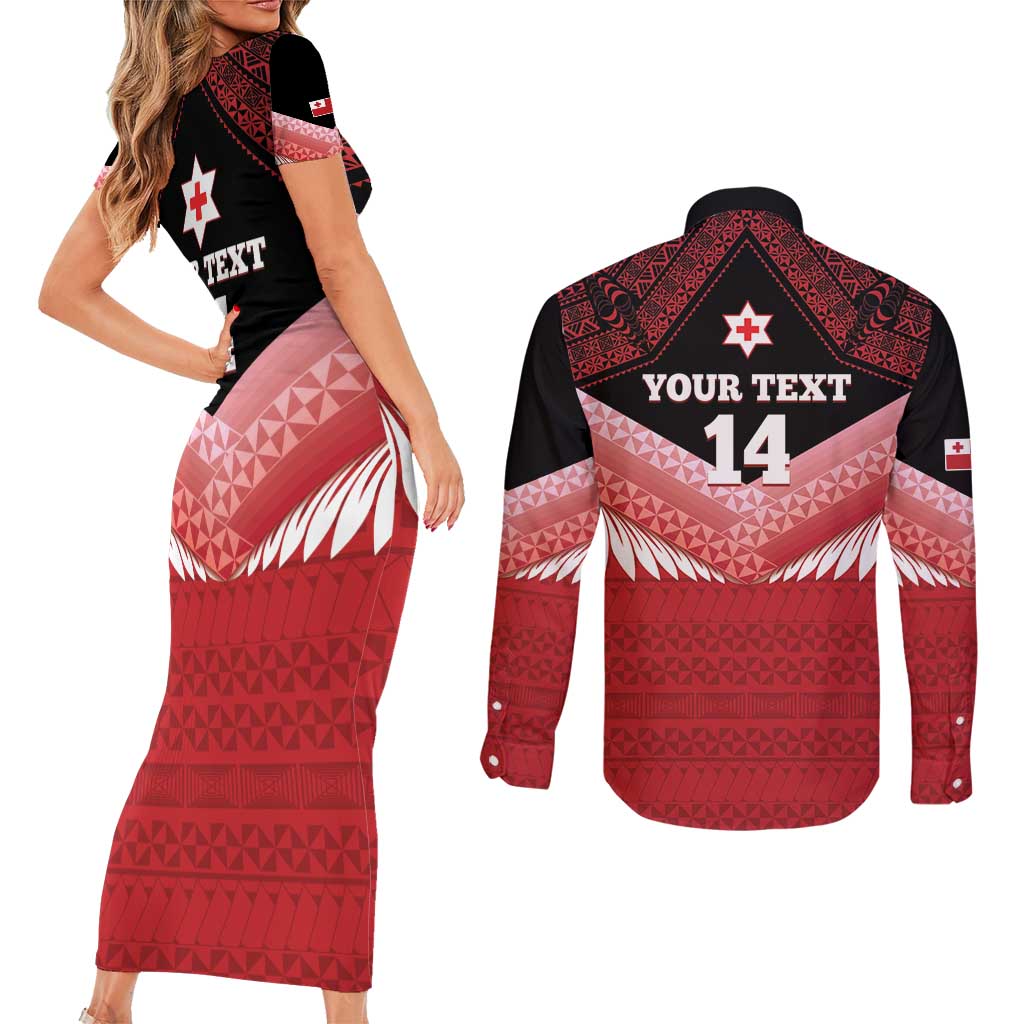 Custom Mate Maa Tonga XIII Couples Matching Short Sleeve Bodycon Dress and Long Sleeve Button Shirt Tongan Kupesi Ngatu - Rugby Style LT14 - Polynesian Pride